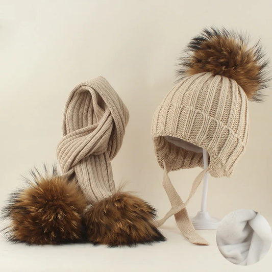 Beige knit raccoon-fur pom beanie with matching scarf