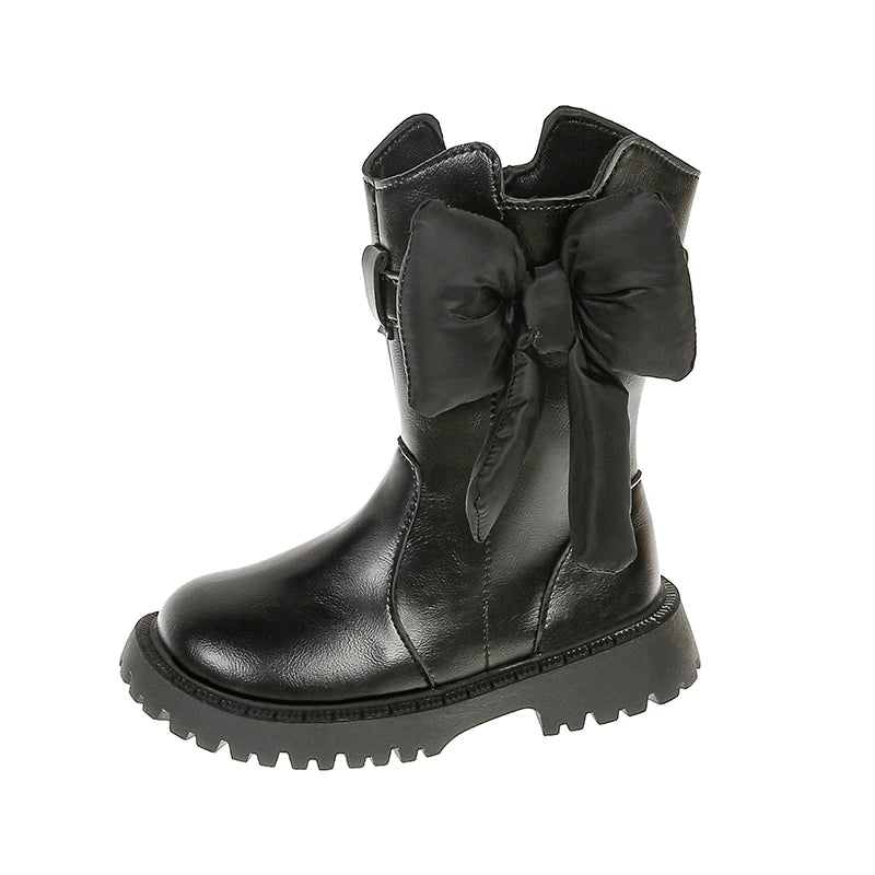 Girls Mid Calf Black Bow Boots