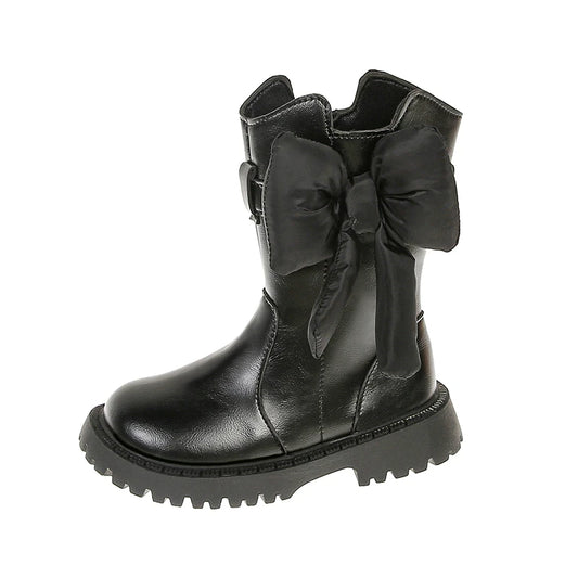Girls Mid Calf Black Bow Boots