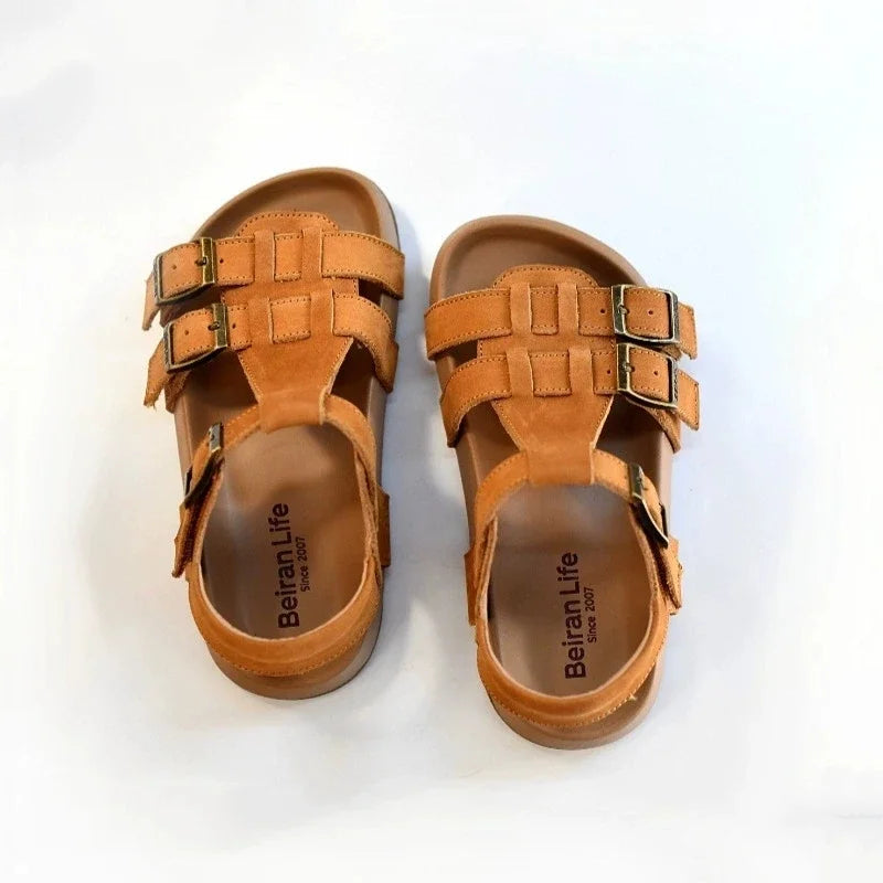 Kids tan leather sandals with buckle strap and textured sole