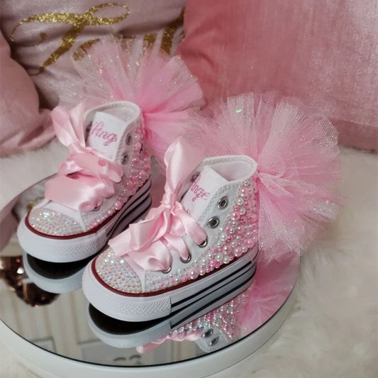 Dolly Bling Canvas Baseball Boots Baby Pink Tulle and Pearls