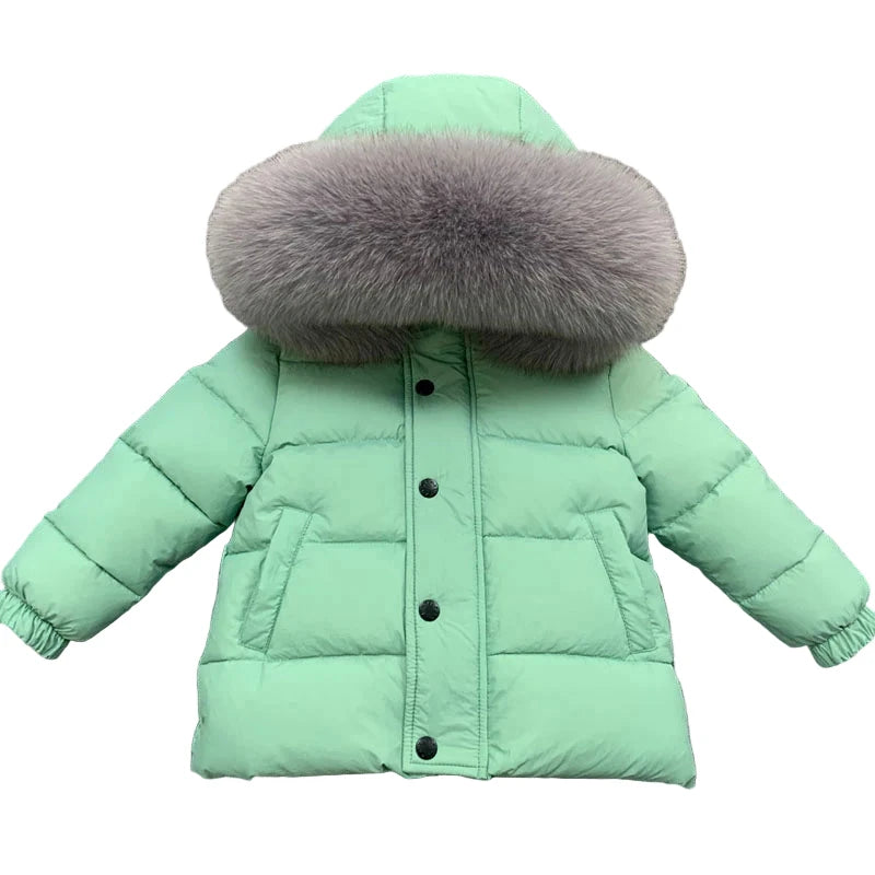 Winter Coat Mint green Matt finish Grey Racoon fur Hood