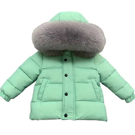 Winter Coat Mint green Matt finish Grey Racoon fur Hood