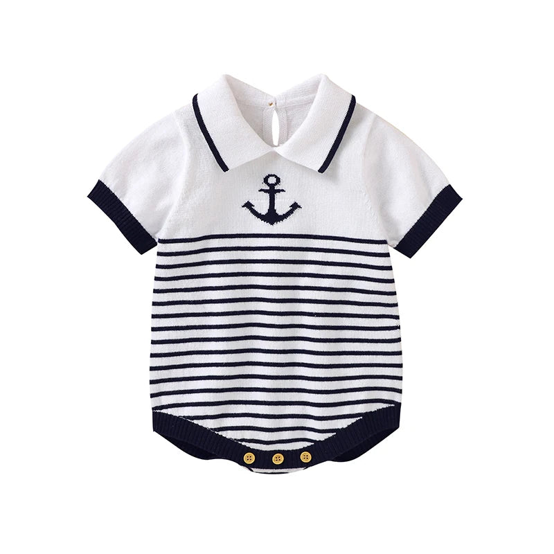 Soft cotton navy baby knit bodysuit with blue stripes, collar, and anchor detail. Lightweight, breathable, and perfect for summer days.