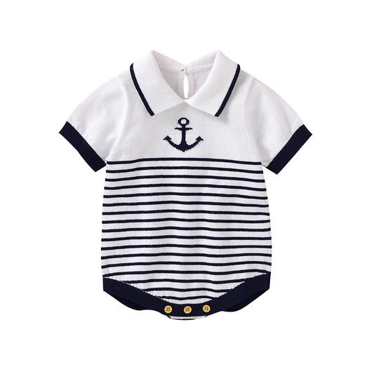 Soft cotton navy baby knit bodysuit with blue stripes, collar, and anchor detail. Lightweight, breathable, and perfect for summer days.