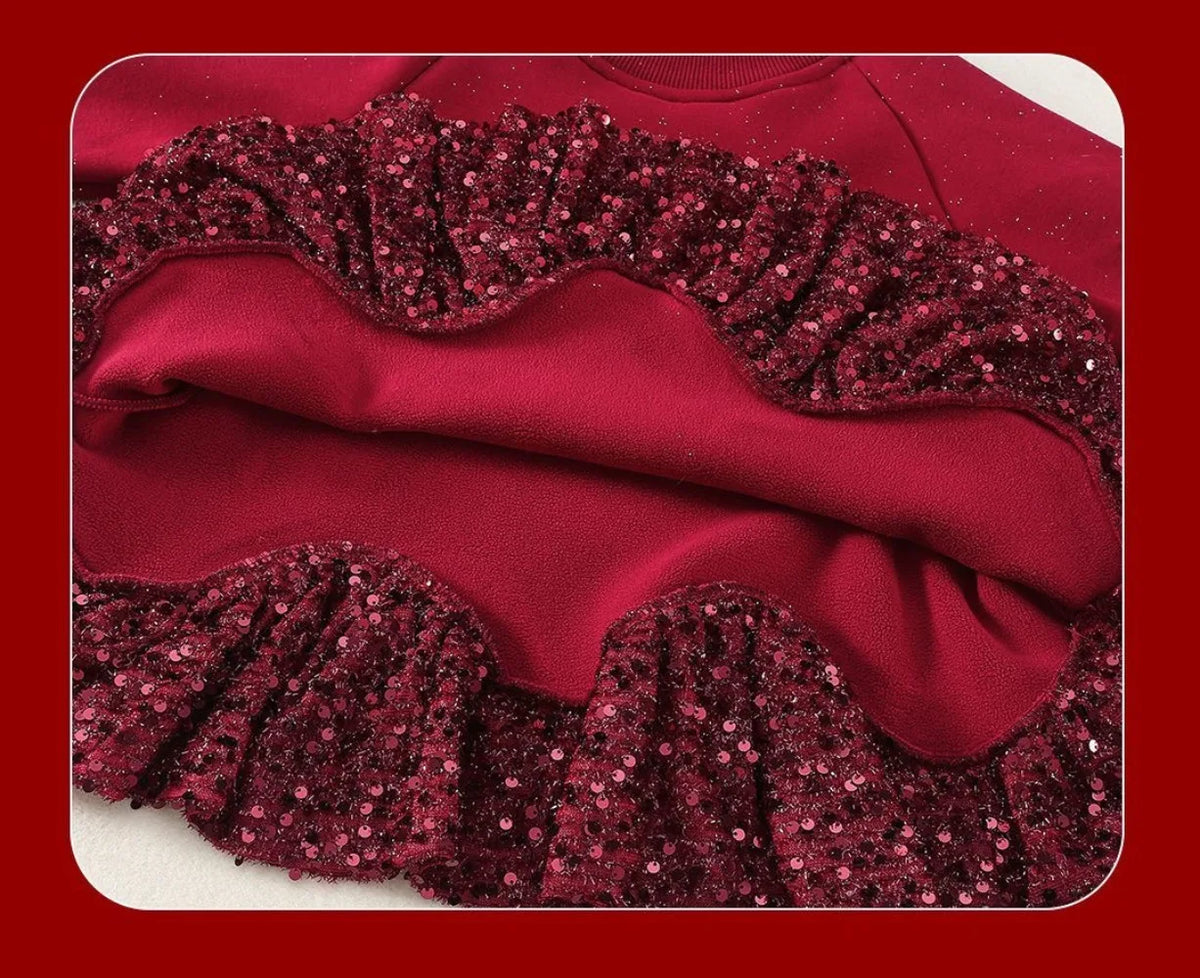 Girls red velvet dress with sequin scalloped skirt and gathered ruffle hem