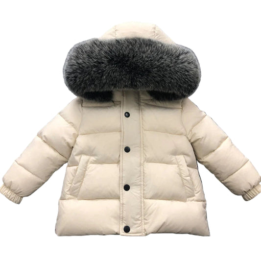 Winter Coat Off White Matt finish Racoon fur Hood