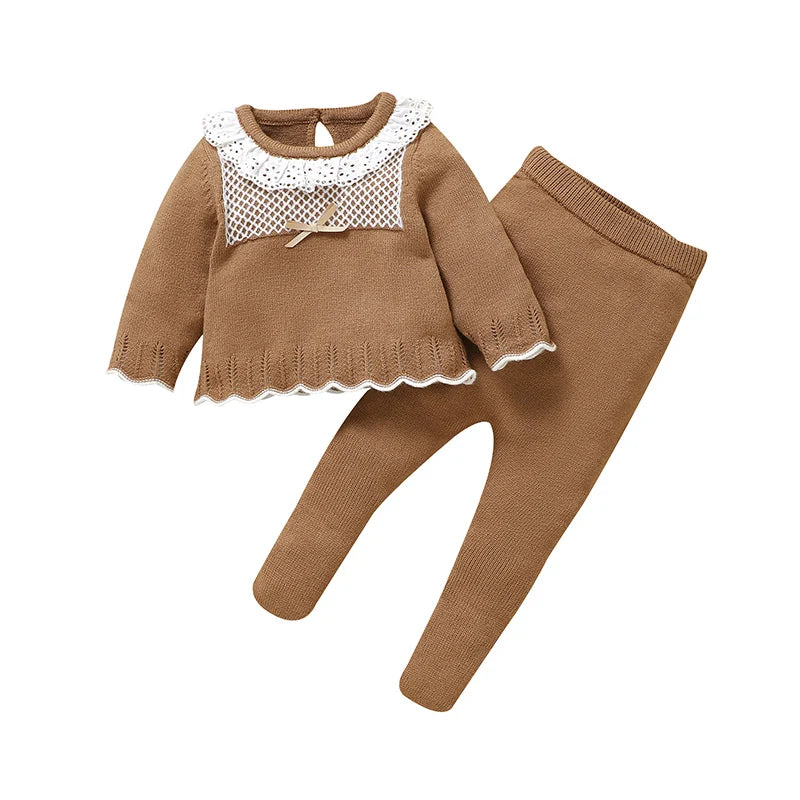 Baby girls sweater and pants set in brown, white lace collar and scalloped trim