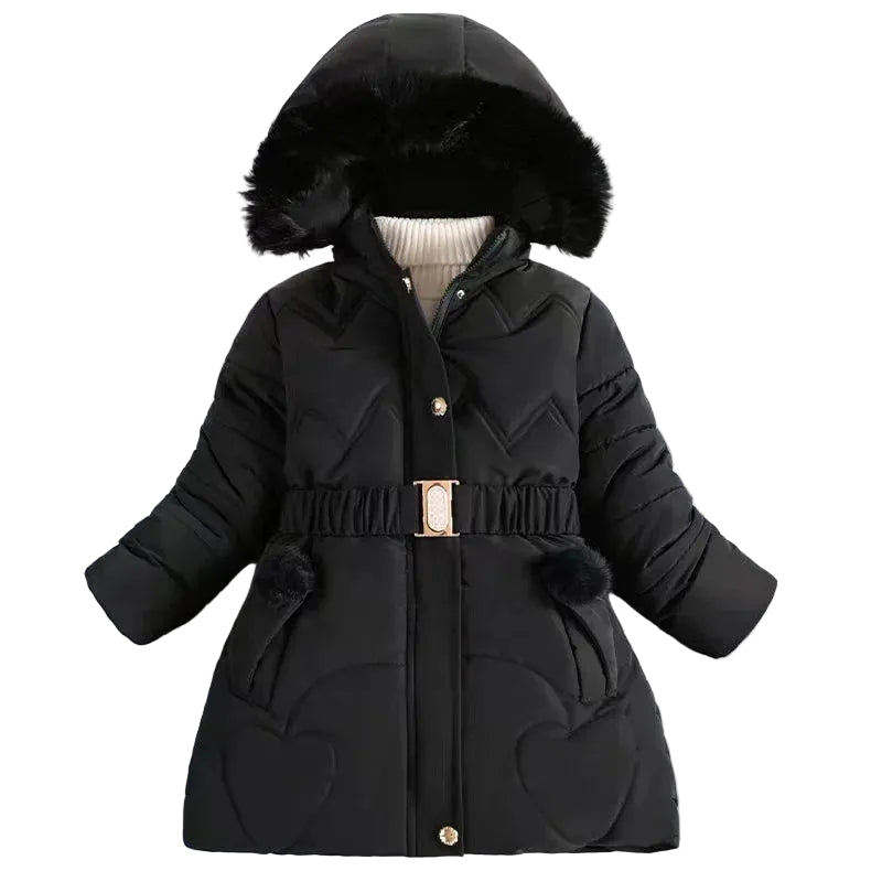 Girls' black faux fur pom hooded puffer coat with belted waist and front buttons