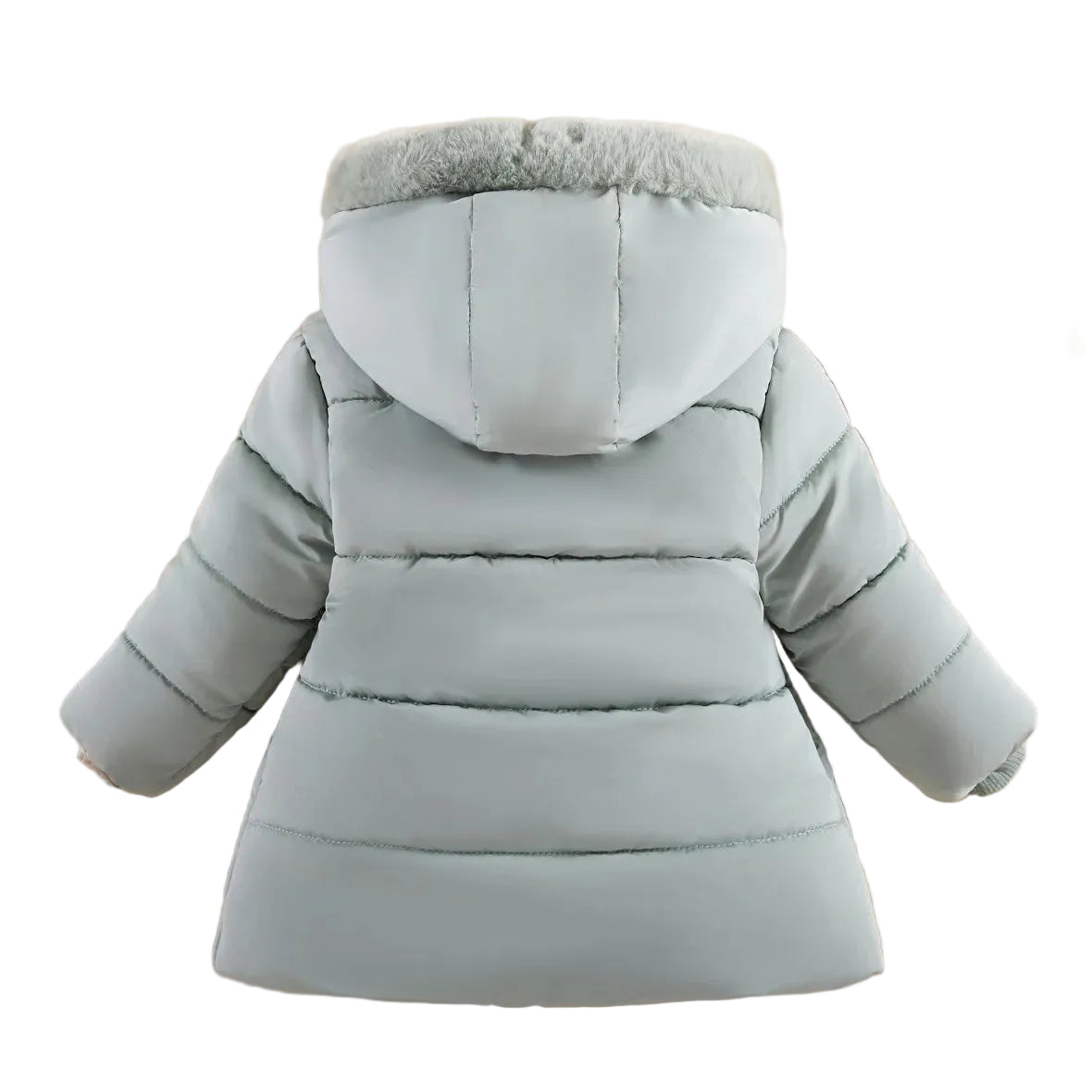 A light blue-gray hooded puffer jacket shown from the back, laid flat on a peach background with decorative props including a green leaf, a yellow starfish, and a small toy.