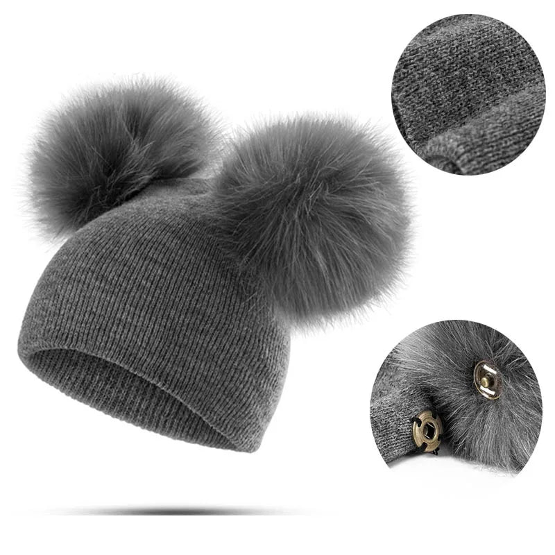Double Pom Pom Fur Hat Grey