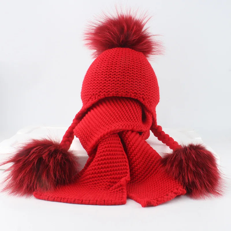 Raccoon Hat & Scarf Set Red Single Pom