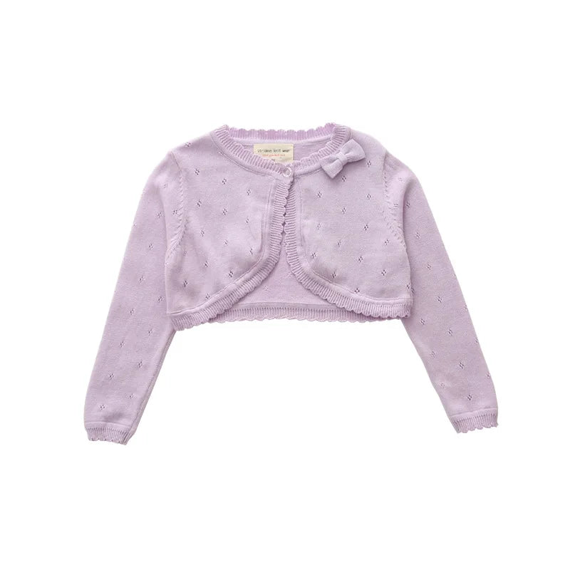 Kids knit cardigan, light lavender long sleeves, cropped with textured ruffle wrap front