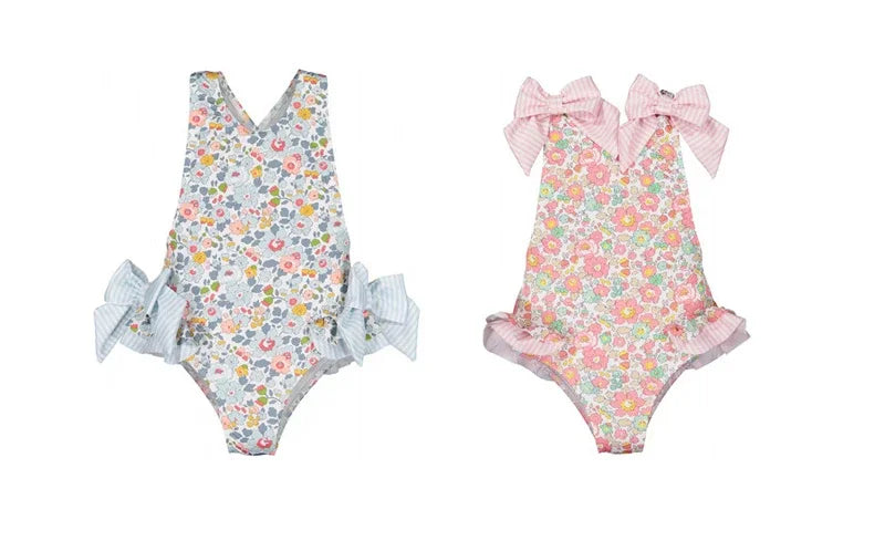 Girls Blue Floral Swimsuit with Bows & Crossover Back (2–7 Years) *Preorder