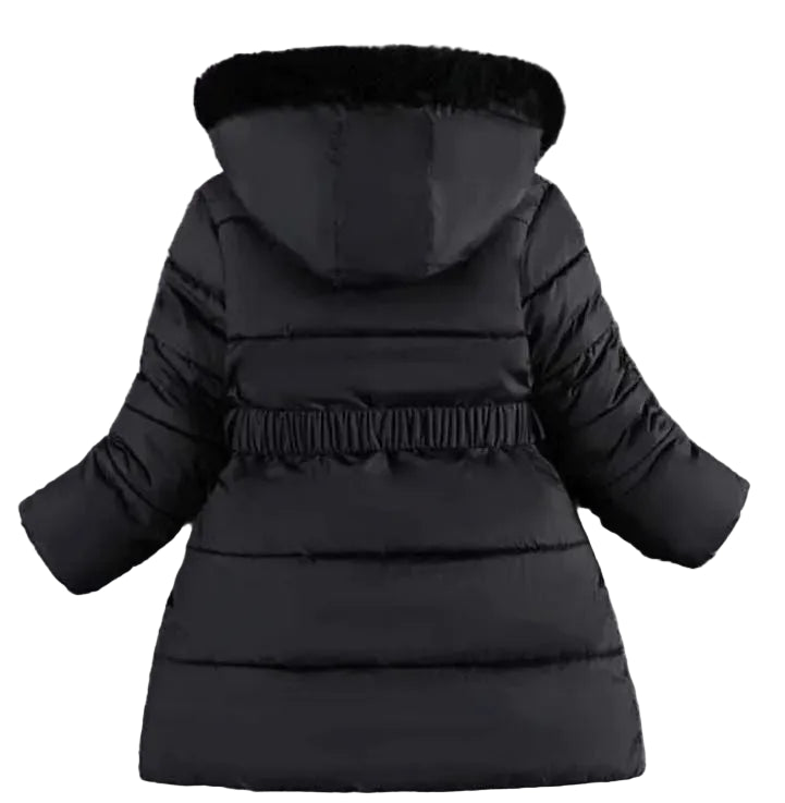 Girls hooded puffer coat in dark charcoal, faux-fur trim, belted waist