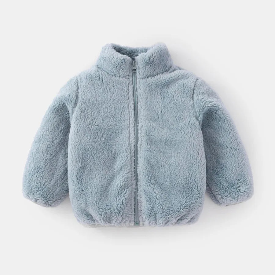 Girls teddy fleece zip jacket in light blue with full-length zipper front