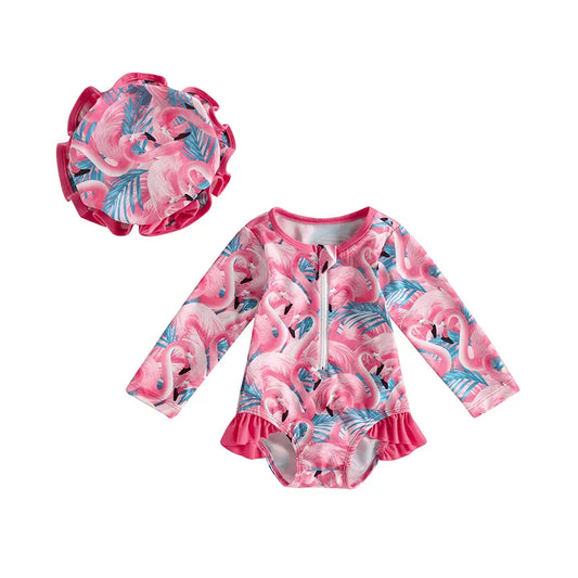 Girls Toddler Long Sleeve Swimsuit with matching hat - Flamingo Print *
