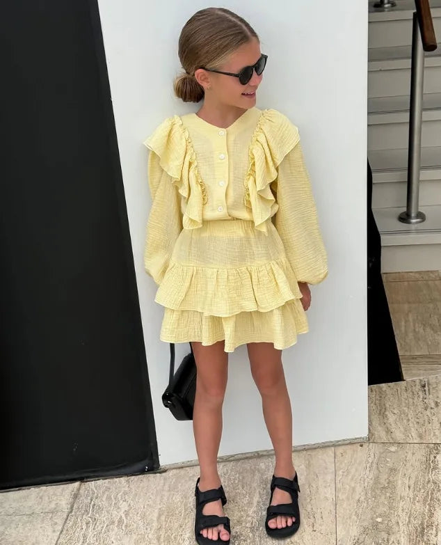 Lemon ruffle smock shirt and tiered skirt set, long sleeves and layered hem