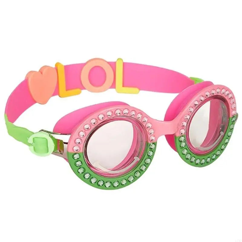 Pink and green heart-lens goggles with rhinestone rims and buckle strap