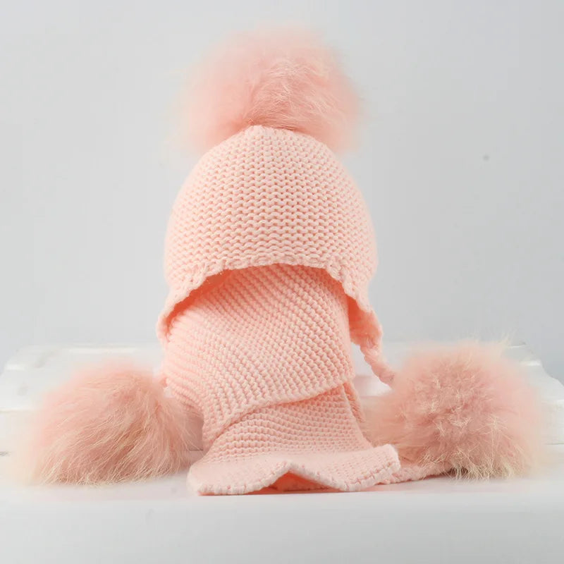 Raccoon Hat & Scarf Set Pink Single Pom