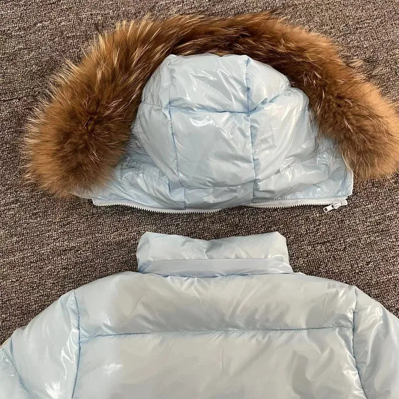 Boys Winter Light Blue Natural Fur Hooded Parker Coat