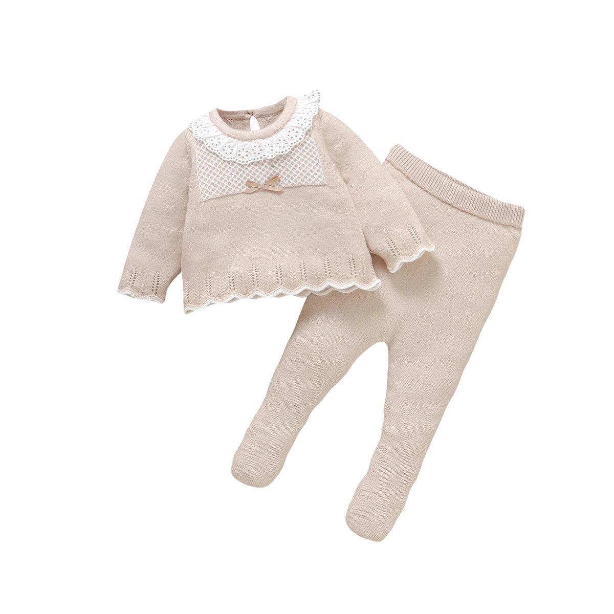 2-piece baby girls sweater and leggings set, long sleeves, doll collar, beige