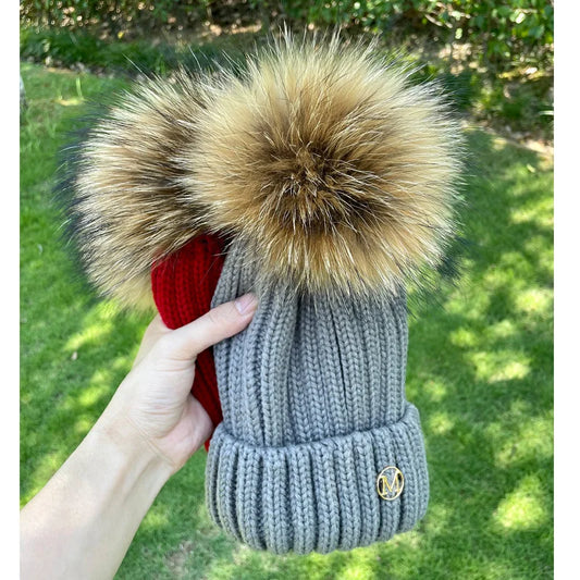 Pom Pom Raccoon Fur Hat - Grey