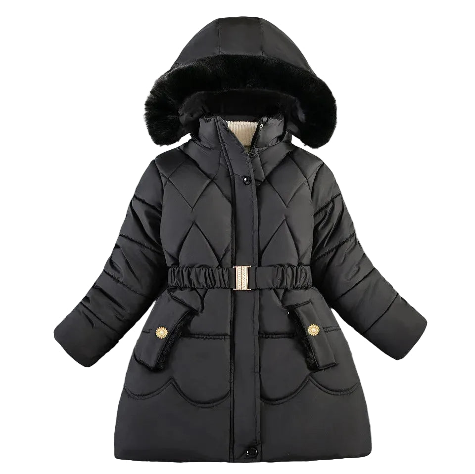 Girls dark puffer coat with hood and faux-fur trim, front zip, adjustable belt