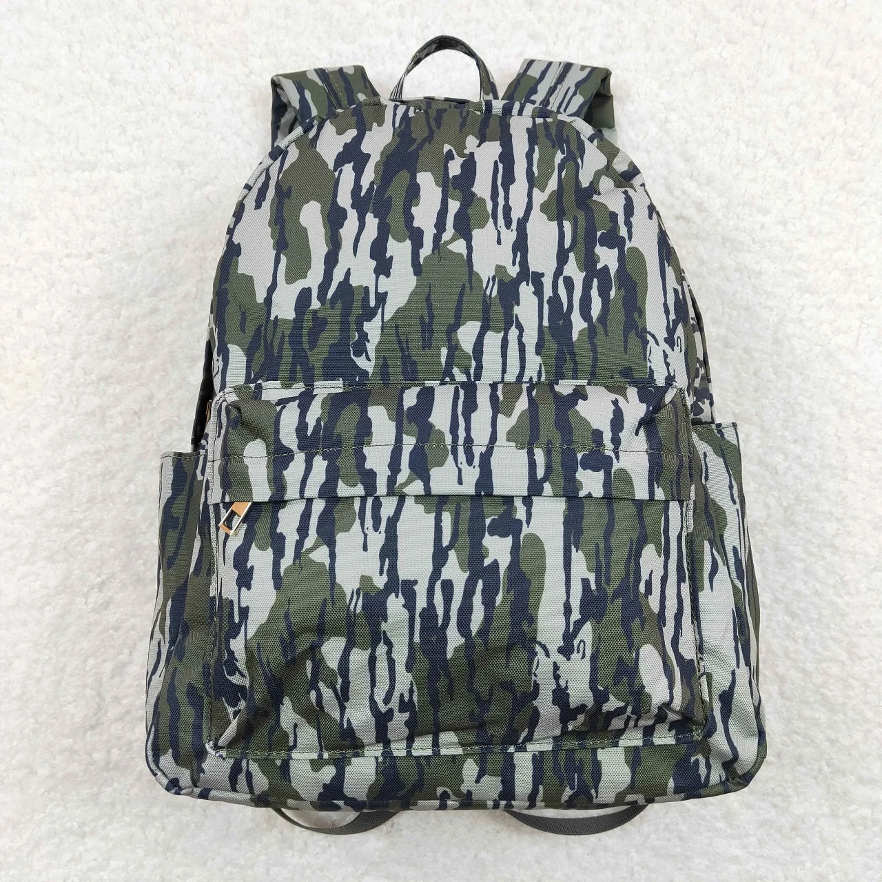 Camouflage-patterned backpack on a white background