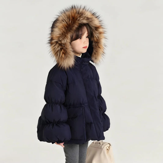 Girls Navy Blue Coat Natural Fur Hood