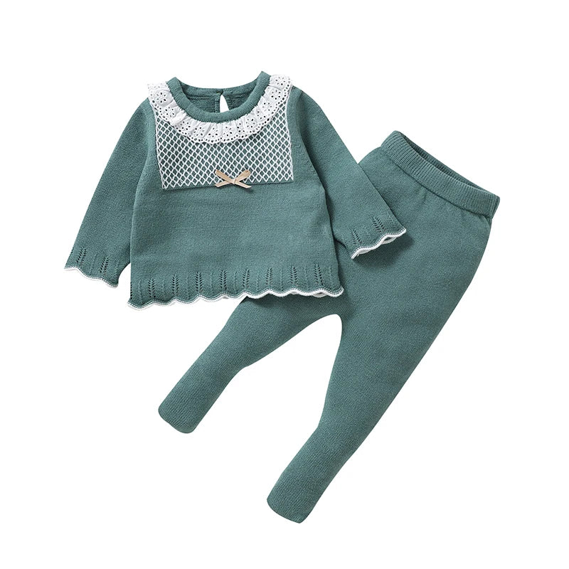 2-piece baby girls sweater and leggings set, long sleeves, doll collar, green