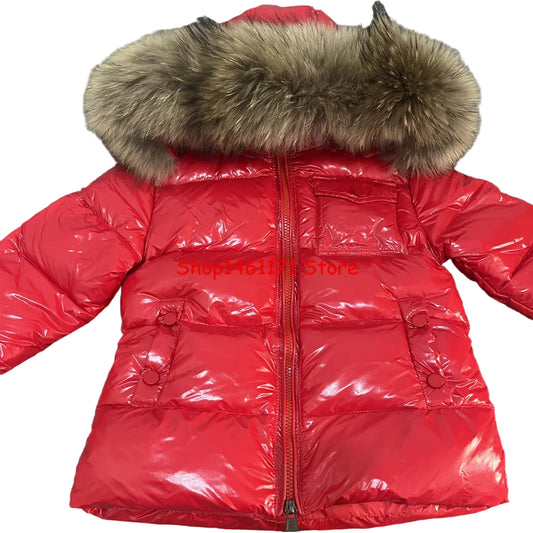 Winter Coat Red High Gloss finish Racoon fur Hood