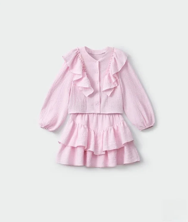 Pink ruffle smock shirt with tiered skirt, long sleeves, button front
