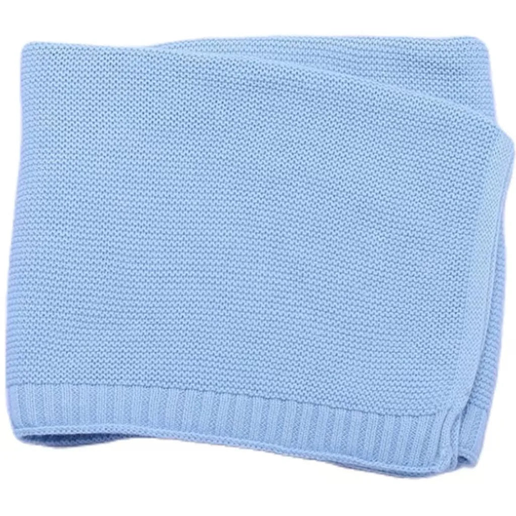 Light blue knitted baby swaddle blanket folded with ribbed edge