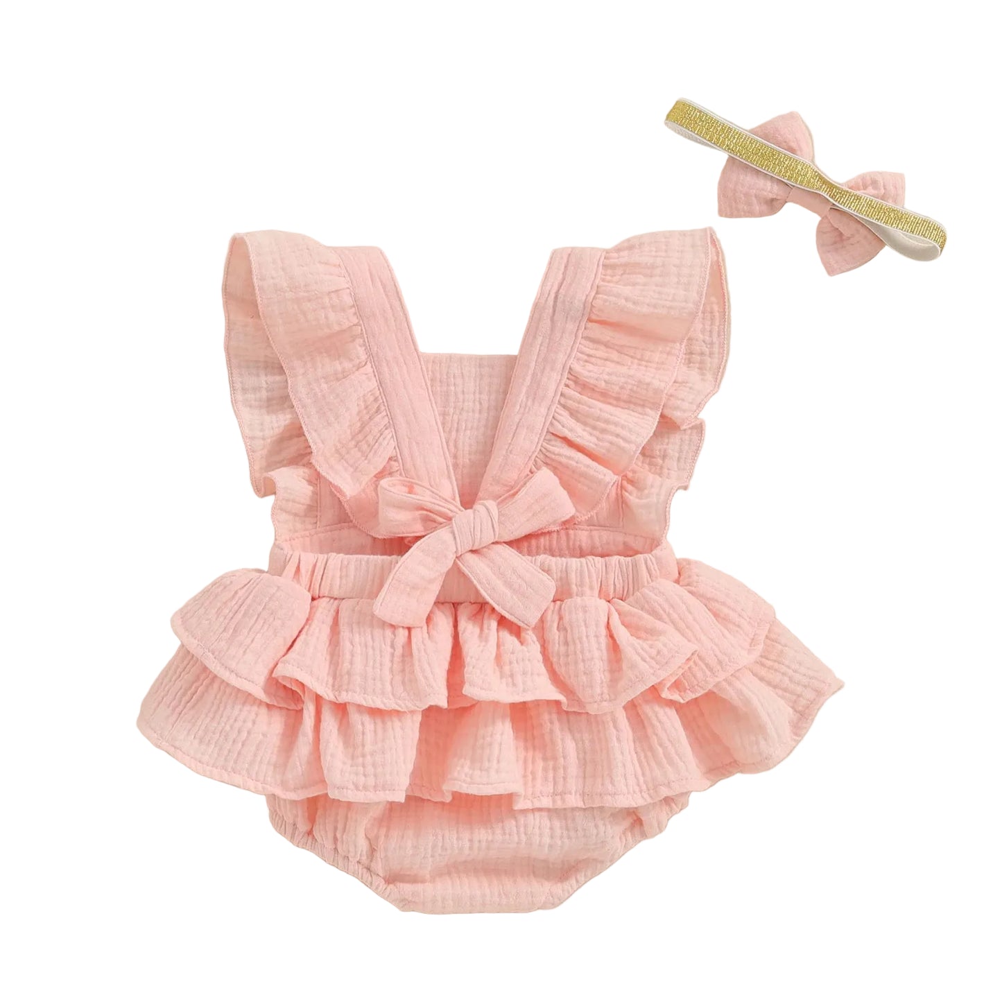 Baby Girls Linen Frill Romper with Matching Bow Headband