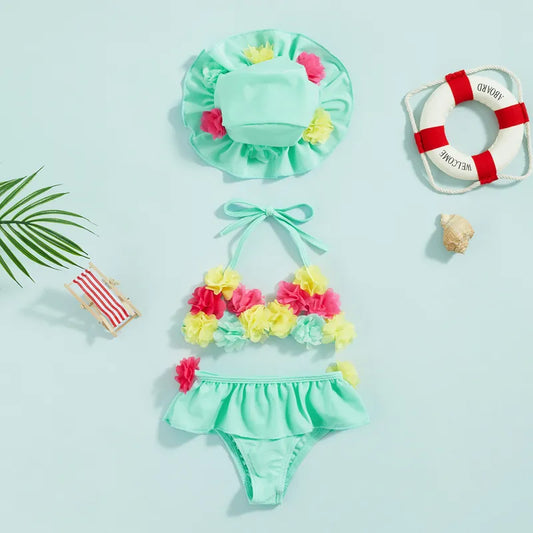 Girls Princess Aqua Green 3-piece Floral Bikini Set *