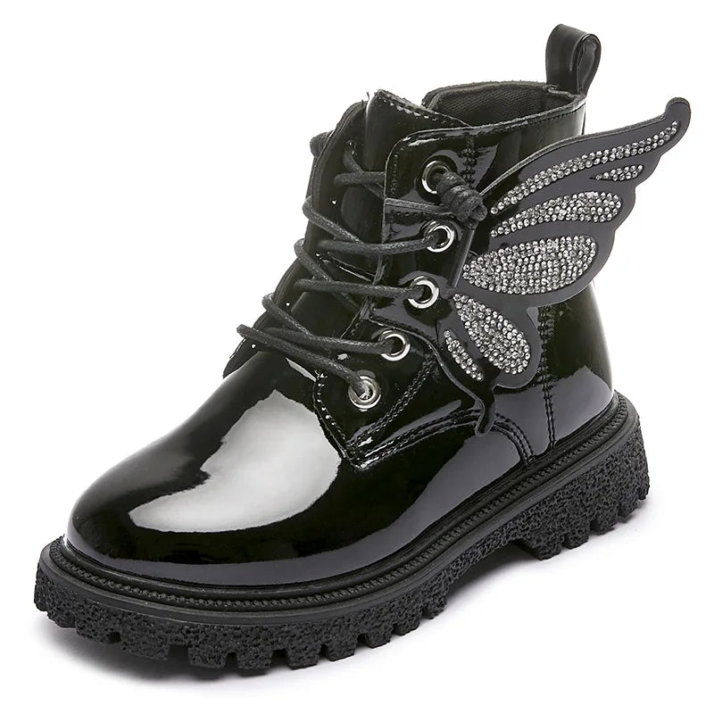 Girls Black Patent Leather Fairy Wing Boots