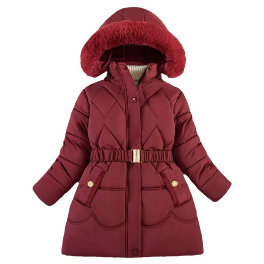 Girls red hooded puffer coat with faux fur trim, belted waist and button front