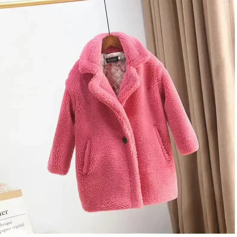 Girls Faux Fur Long Coat Fushia