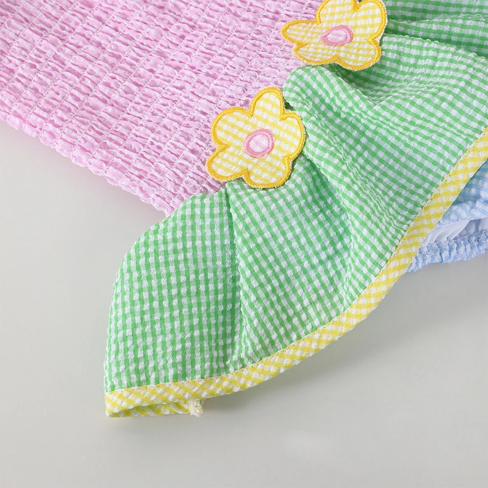 Little Girls’ Summer One-Piece Swimsuit – Cute Patchwork Seersucker (1–6 Years) *Preorder