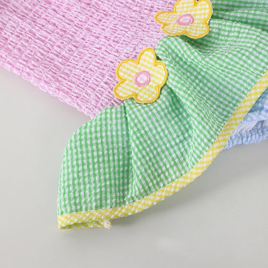 Little Girls’ Summer One-Piece Swimsuit – Cute Patchwork Seersucker (1–6 Years) *Preorder