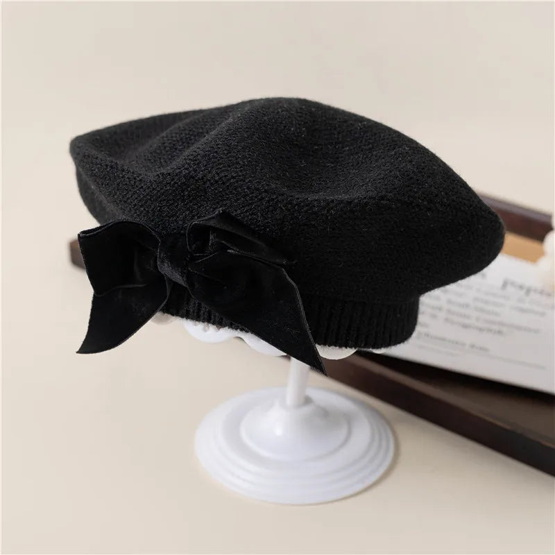 Girls Beret Hat Velvet Bow Black