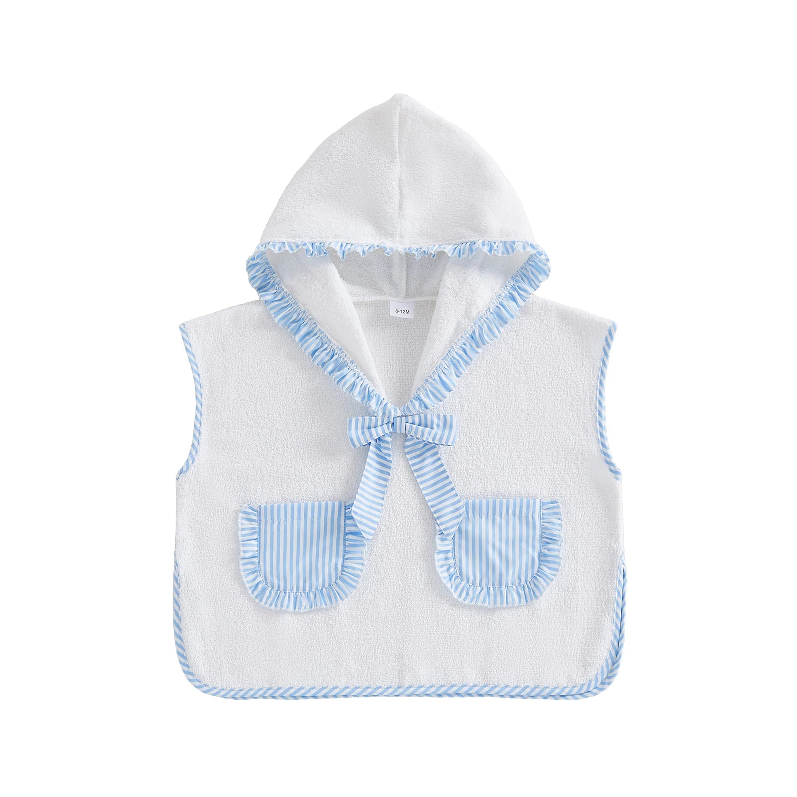 Kids hooded towel poncho in white with blue striped hood trim, bow, and pocket flaps