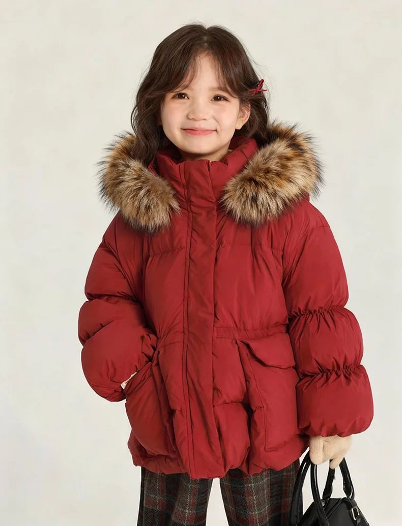 Girls Red Coat Natural Fur Hood