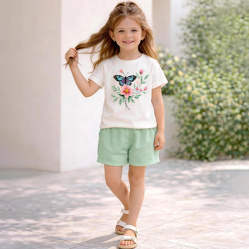 Girls floral graphic T-shirt set: white printed tee with butterfly bouquet, mint shorts