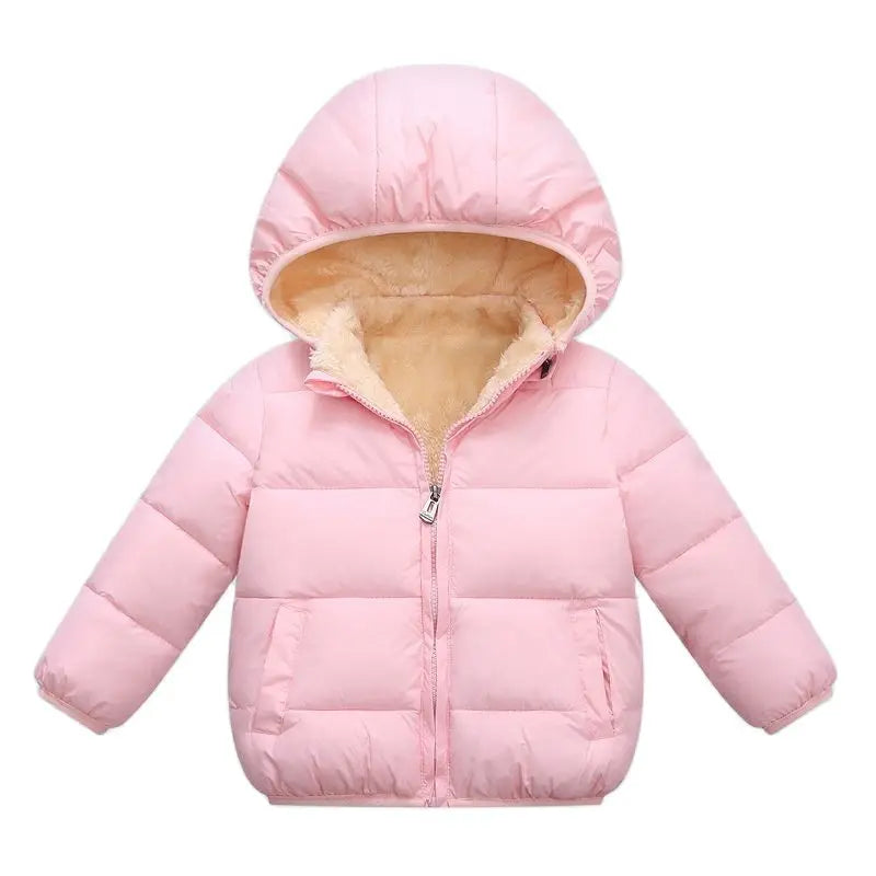 Light pink hooded puffer jacket with tan sherpa lining and front zipper