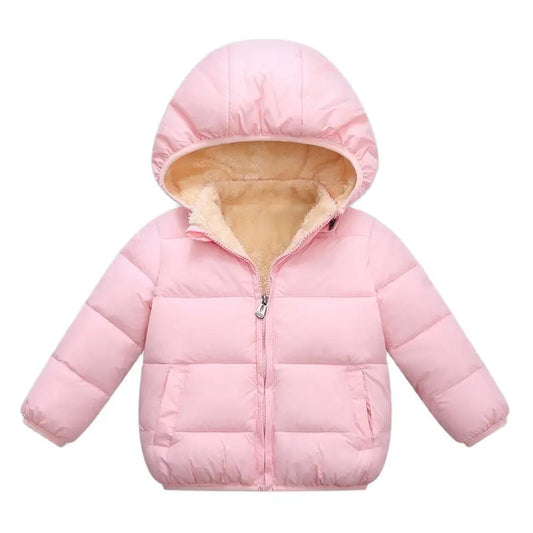 Light pink hooded puffer jacket with tan sherpa lining and front zipper