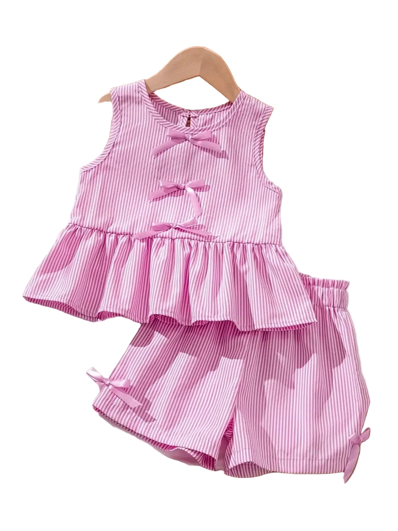 Girls pink striped peplum top and shorts set with ribbon bows on front