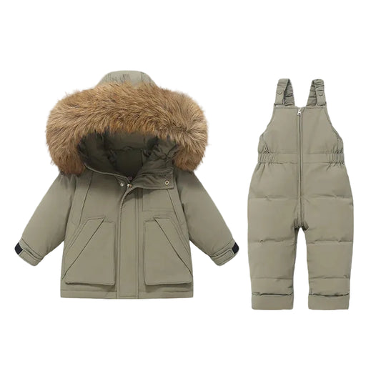 Khaki winter puffer coat with faux-fur hood and matching padded dungaree snow suit