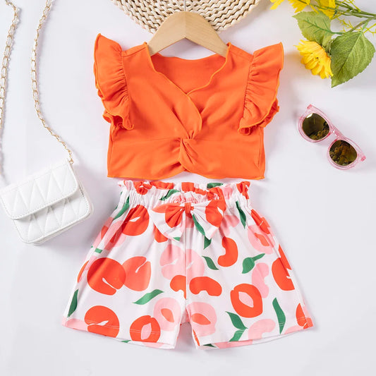 Girls Summer Fruits Orange Shorts Set